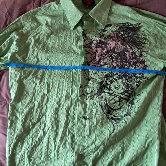 MZ.U.S.A. Shirt Men's Large L Green Graphic Print Button Up Abstract Embroidered - Picture 7 of 9